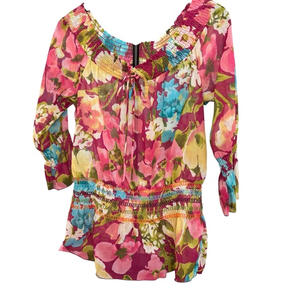 Hessi Pink/Blue/Green/Yellow Floral SheetSmocked Women's Top Size Small - Picture 2 of 8